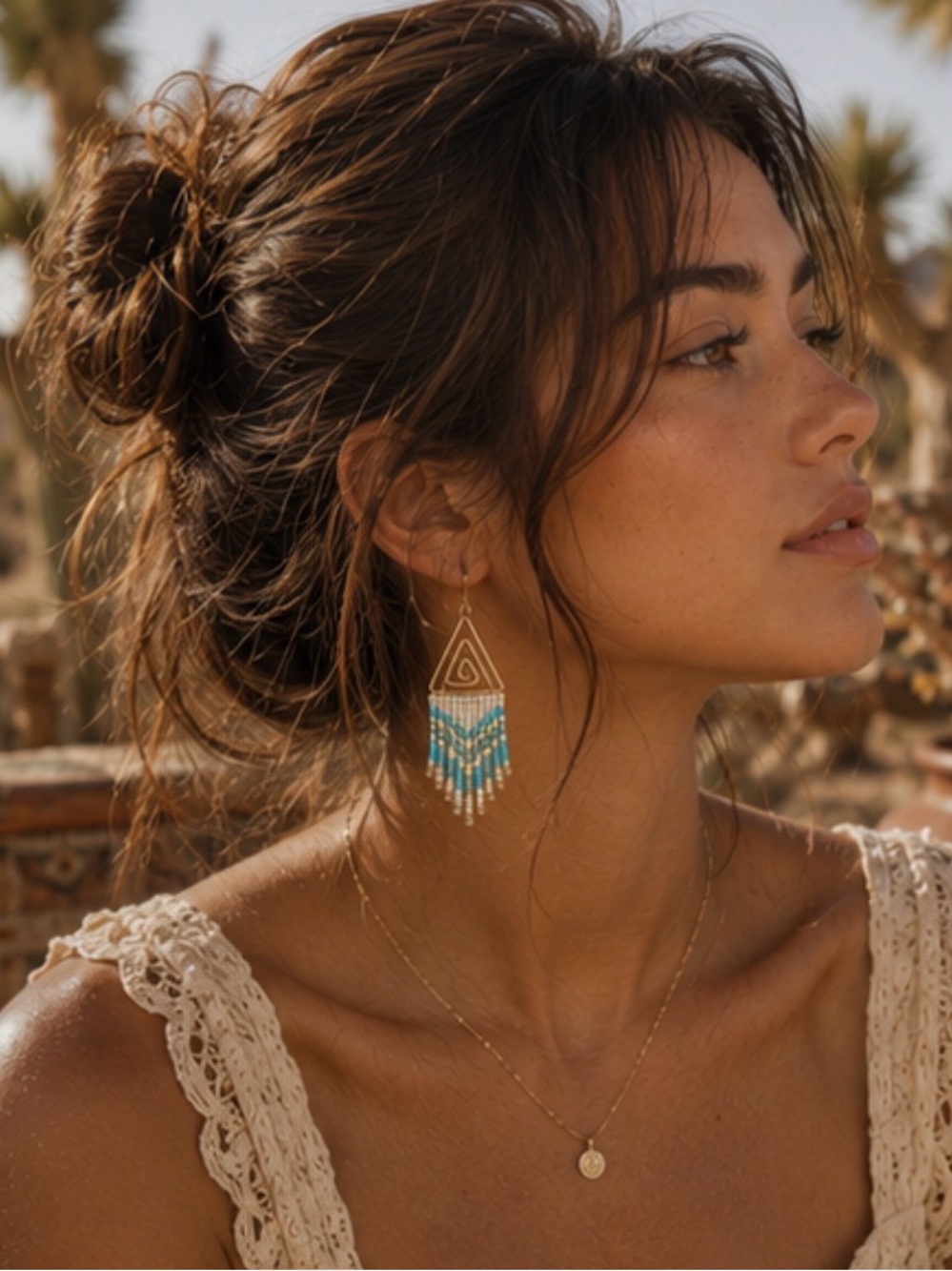 Handmade Turquoise & White Beaded Fringe Earrings